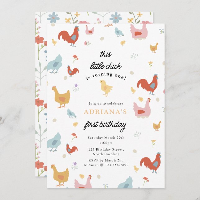Invitation Poules mignonnes et poulets Premier anniversaire (Devant / Derrière)