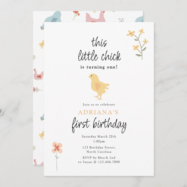 Invitation Poules mignonnes et poulets tournants un anniversa (Devant / Derrière)