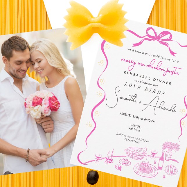 Invitation Poulet Pâtes Roses Fiançailles Mariage (Marry Me Chicken Pasta Pink Couple Engagement Italian Wedding Rehearsal Dinner Brunch Invitation )