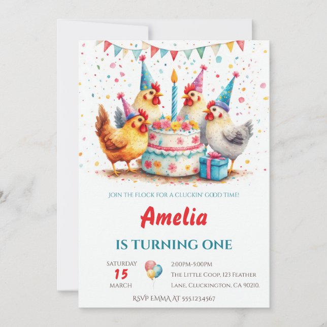 Invitation Poulets de fête à l'aquarelle Ferme Anniversaire (Devant)
