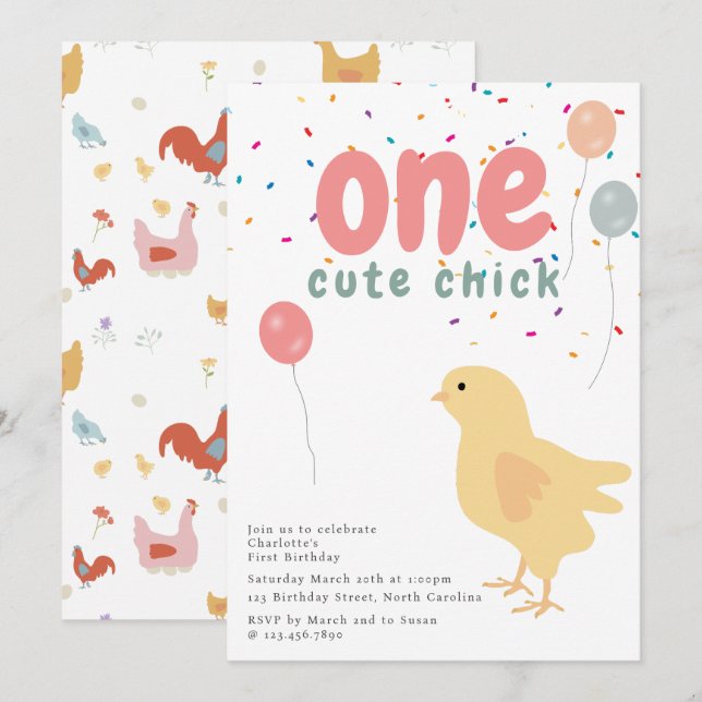 Invitation Poulets Mignons Poules Fille Premier 1er Anniversa (Devant / Derrière)