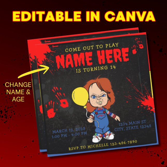 Invitation Poupée Chucky Bleu Rouge Jaune Sanglante (Créateur téléchargé)