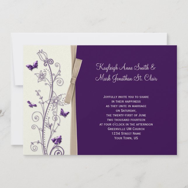 Invitation Poupée d'aubergine Tan Ivory Floral Papillons (Devant)