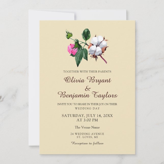 Invitation Poupée de coton blanc. Mariage d'été floral rustiq (Devant)