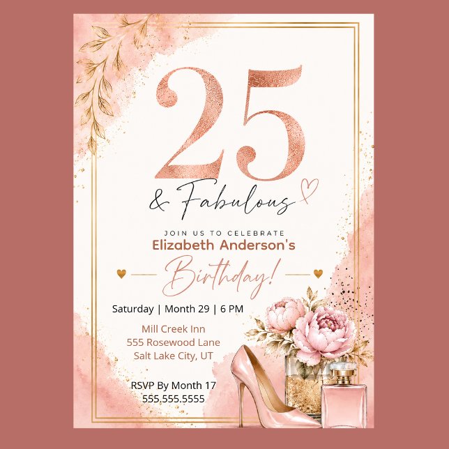 Invitation Poupée et Parfum Fantastique 25e Anniversaire (Elegant 25th birthday invitation with blush pink watercolor, rose gold glitter, and peony flowers,)