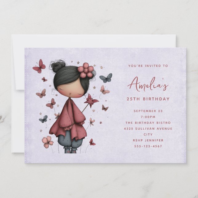 Invitation Poupée Fée Capricieuse Rétro Anniversaire Mignon (Devant)