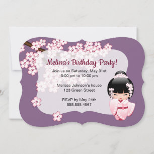 Invitation Poupée Kokeshi Kimono Rose Anniversaire Violet