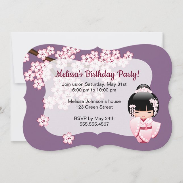 Invitation Poupée Kokeshi Kimono Rose Anniversaire Violet (Devant)