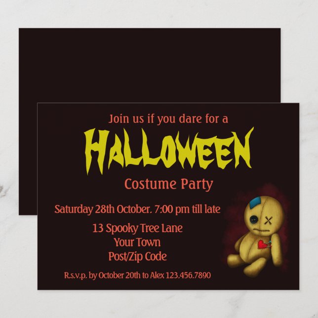 Invitation Poupée ragdoll de vaudou avec boutons, patchs et é (Devant / Derrière)