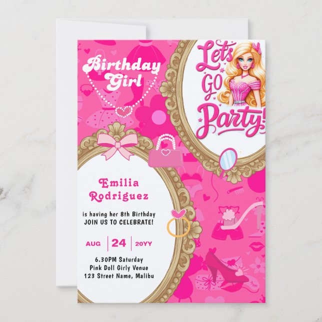Invitation Poupée rétro rose Girly Allons faire la fête Anniv (Devant)