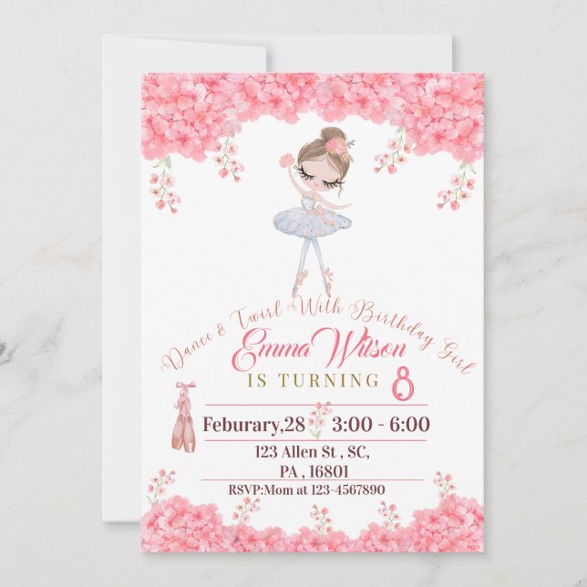 Invitation Poupée rose florale Ballerina Anniversaire (Devant)