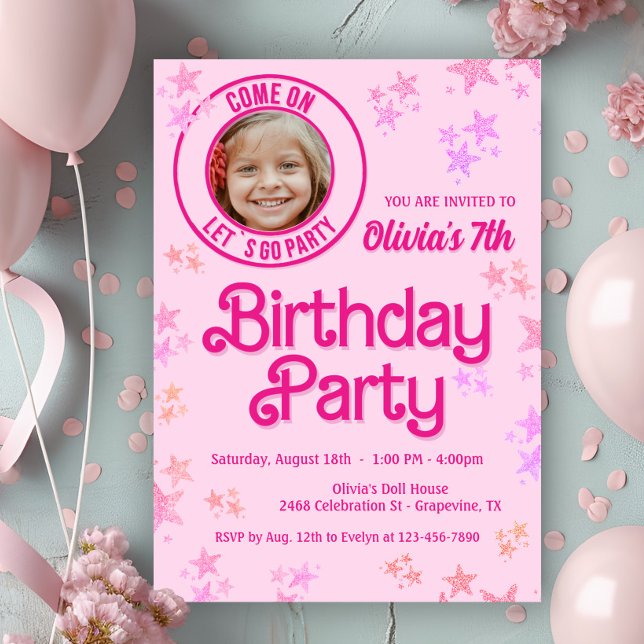Invitation Poupée rose photo fête d'anniversaire (Cute pink doll birthday party invitation with a place for a photo. This is an any age invitation.)
