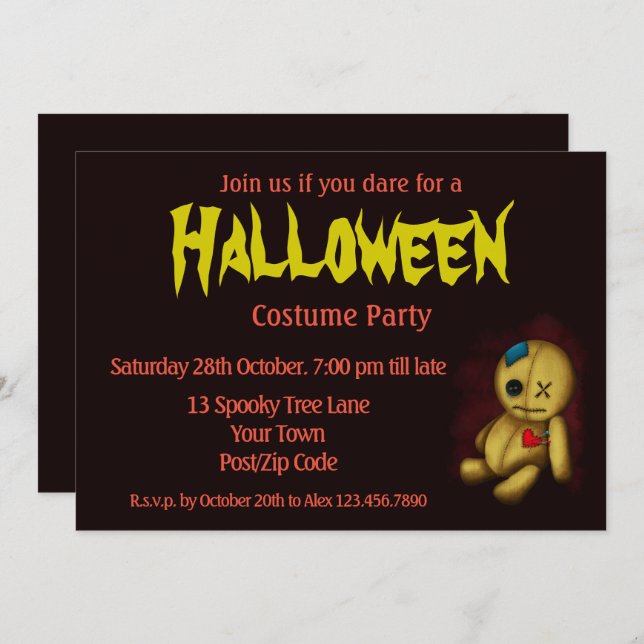 Invitation Poupée Voodoo Rag avec boutons Patches et Pins (Devant / Derrière)