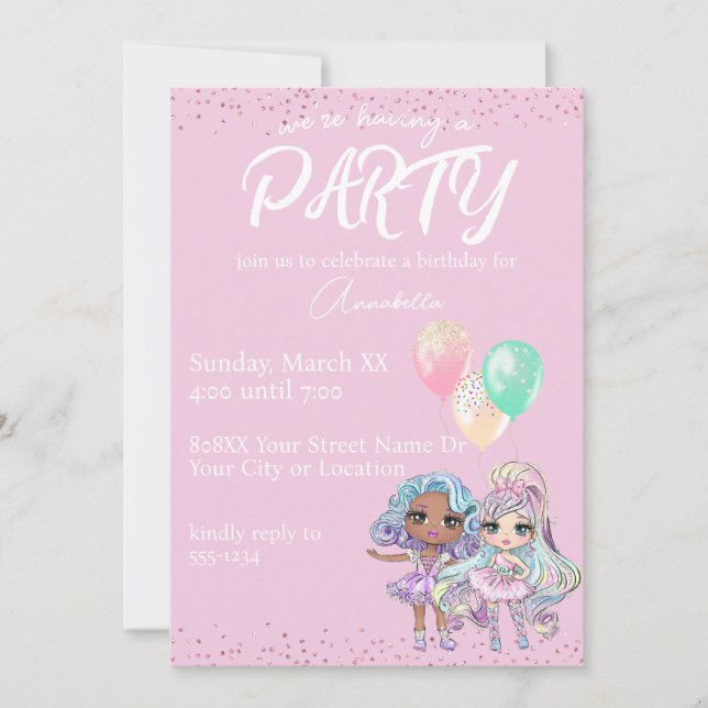 Invitation Poupées mignonnes Parties scintillant avec ballons (Devant)