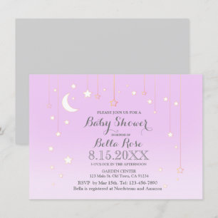 Invitation Pouple gris étoile lune bébé fille baby shower inv