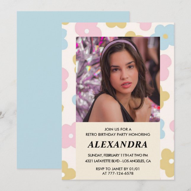 Invitation pour 14 ans Fleurs Groovy Rétro Jolies (Devant / Derrière)