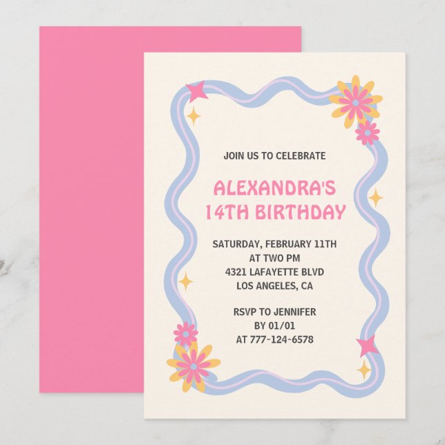 Invitation pour 14ème anniversaire Fleurs roses ré (Devant / Derrière)