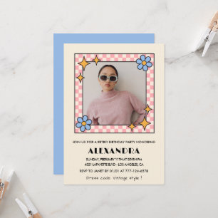 Invitation pour 15 ans Retro Groovy Fleurs Bleues