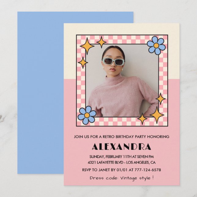 Invitation pour 15 ans Retro Groovy Fleurs Roses (Devant / Derrière)