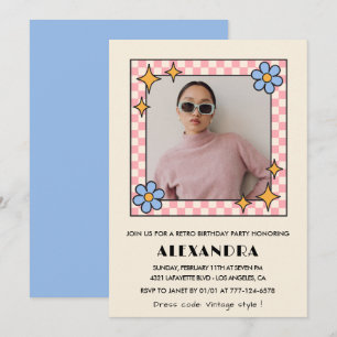 Invitation pour 16 ans Retro Groovy Fleurs Bleues