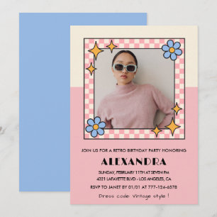 Invitation pour 17 ans Fleurs roses rétro funky
