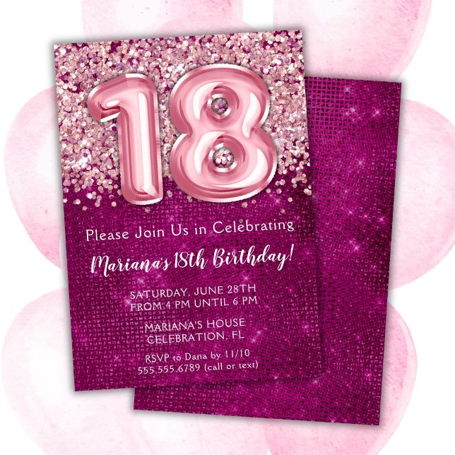 Invitation pour 18 ans Fille Magenta Rose Paillett (Créateur téléchargé)