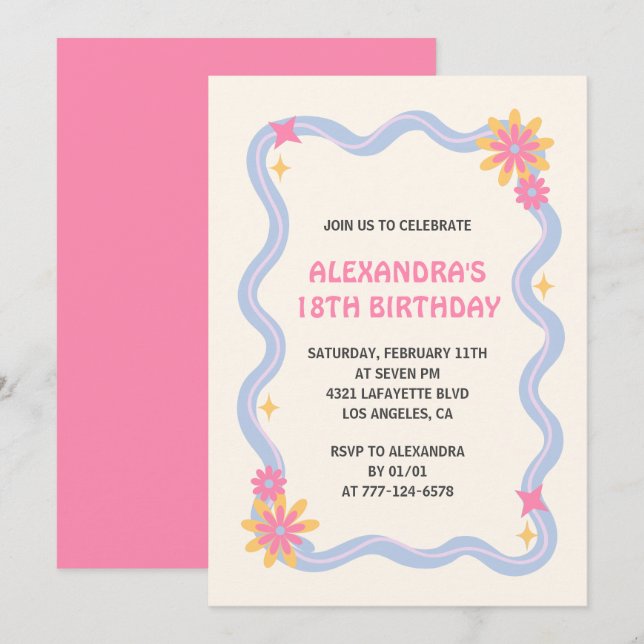 Invitation pour 18 ans Fleurs roses rétro groovy (Devant / Derrière)