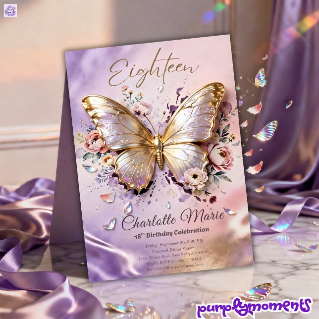 Invitation pour 18 ans Papillon Doré Floral (Créateur téléchargé)