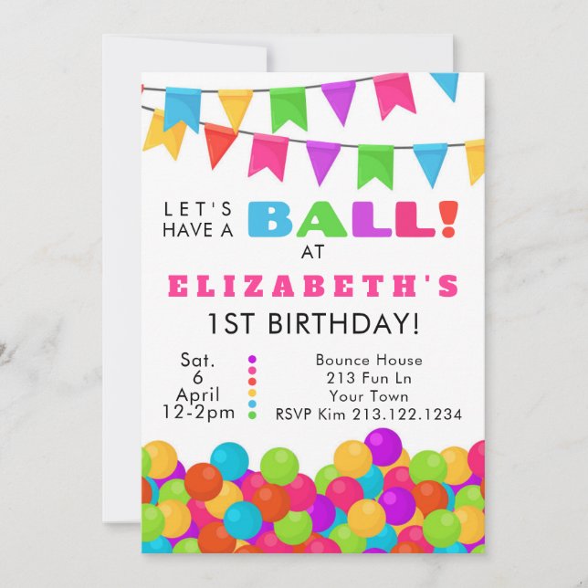 Invitation pour 1er anniversaire Ball Pit Colorée (Devant)