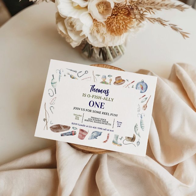 Invitation pour 1er anniversaire de pêche | O-Pois (Fishing 1st Birthday Invitation | O-Fish-Ally One invitation)