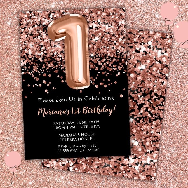 Invitation pour 1er anniversaire Noir Rose Or Pail (Créateur téléchargé)