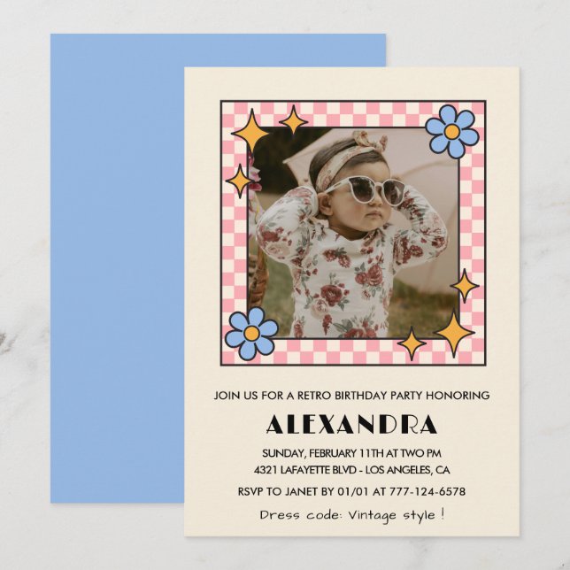 Invitation pour 1er anniversaire Rétro Groovy Fleu (Devant / Derrière)