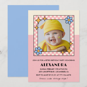 Invitation pour 1er anniversaire Rétro Groovy Fleu