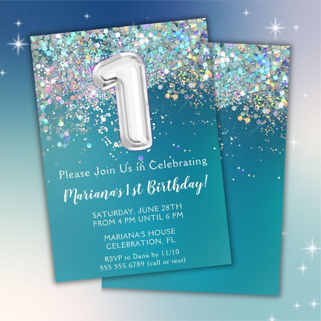 Invitation pour 1er anniversaire Teal Argent Paill (Créateur téléchargé)