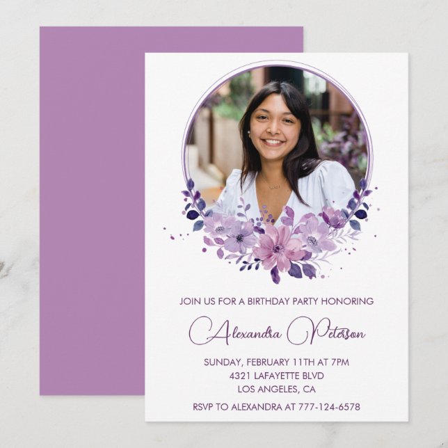 Invitation pour 25 ans Photo Élégant Boho violet (Devant / Derrière)