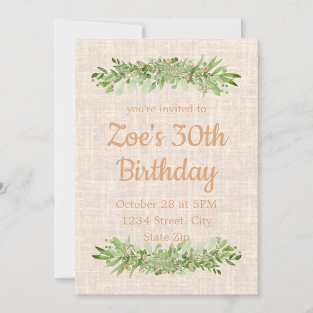 Invitation pour 30 ans – Linen Greenery | Trente (Devant)