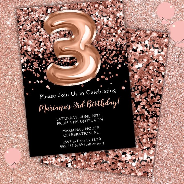 Invitation pour 3ème anniversaire Noir Rose Or Pai (Créateur téléchargé)