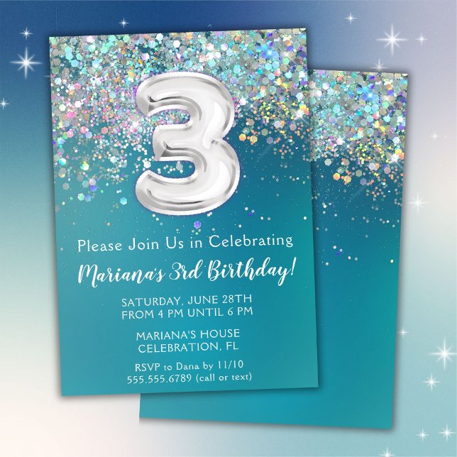 Invitation pour 3ème anniversaire Paillettes Turqu (Créateur téléchargé)