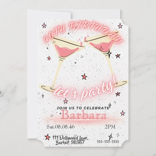 Invitation pour 40 ans au cocktail rose (Devant)