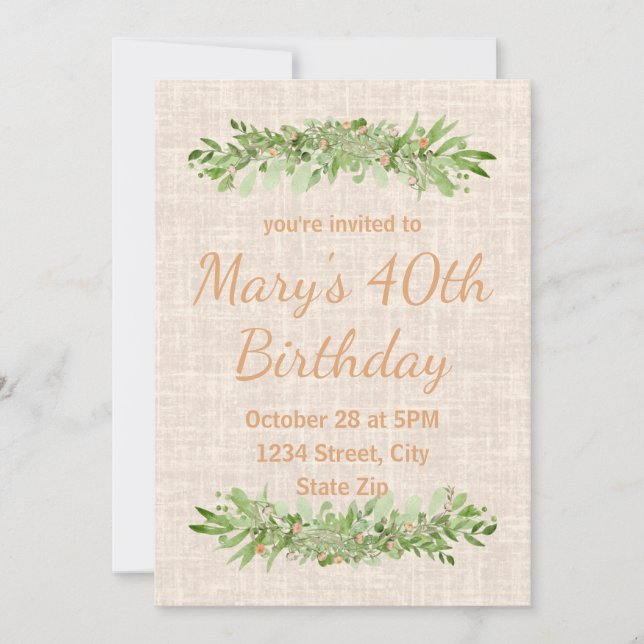 Invitation pour 40 ans – Linen Greenery | Quarante (Devant)