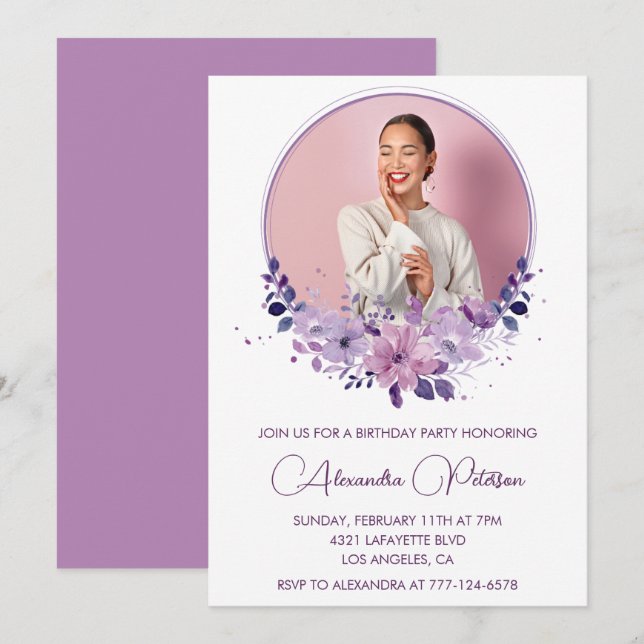 Invitation pour 40 ans Photo Élégant Boho violet (Devant / Derrière)