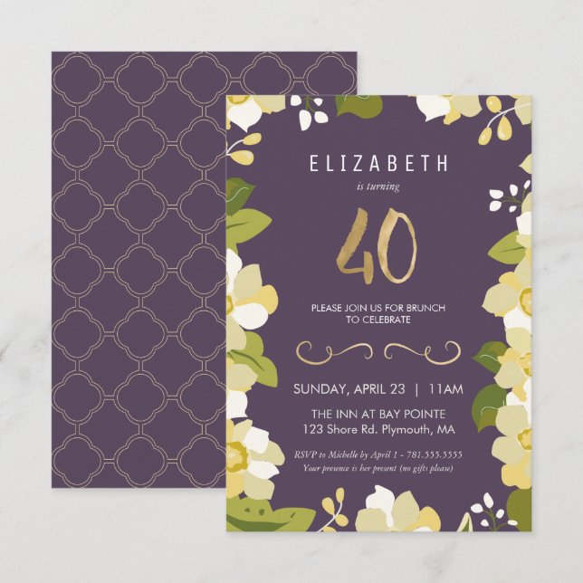 Invitation pour 40e anniversaire, Fleurs personnal (Devant / Derrière)