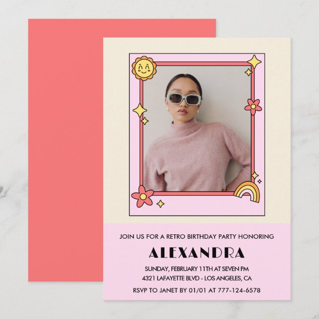 Invitation pour 40e anniversaire Fleurs roses rétr (Devant / Derrière)