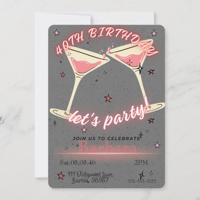 Invitation pour 40ème anniversaire Cocktail Rose (Devant)