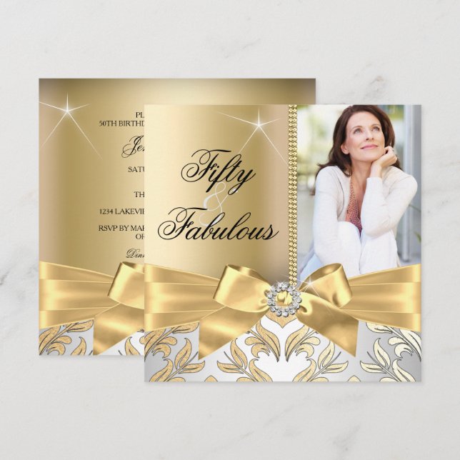 Invitation pour 50 ans & Dorure & Ruban Invitation (Devant / Derrière)