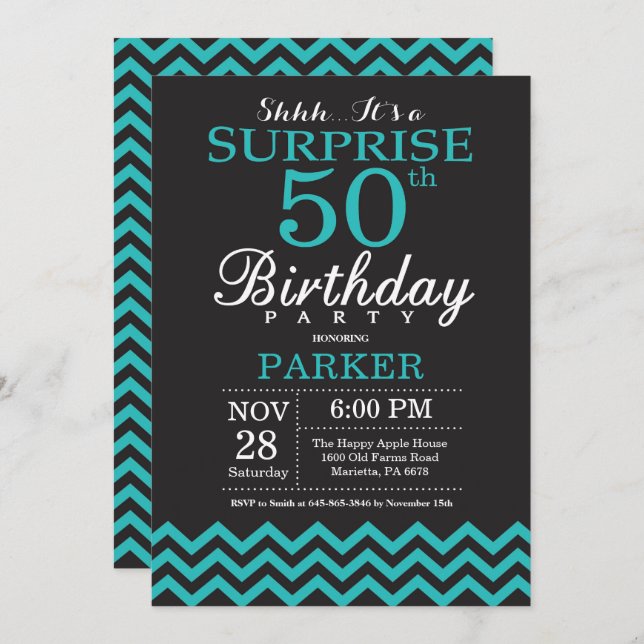 Invitation pour 50e anniversaire surprise noir et  (Devant / Derrière)