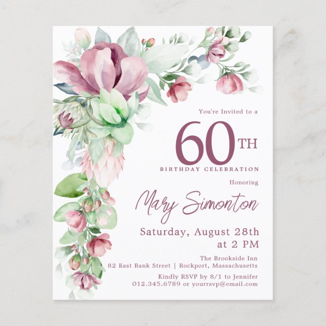 Invitation pour 60e anniversaire à fleurs rose et  (Devant)