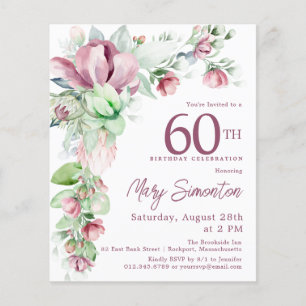 Invitation pour 60e anniversaire à fleurs rose et 