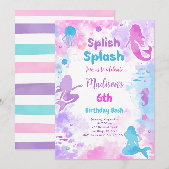 Invitation pour 6ème anniversaire sirène (Devant / Derrière)