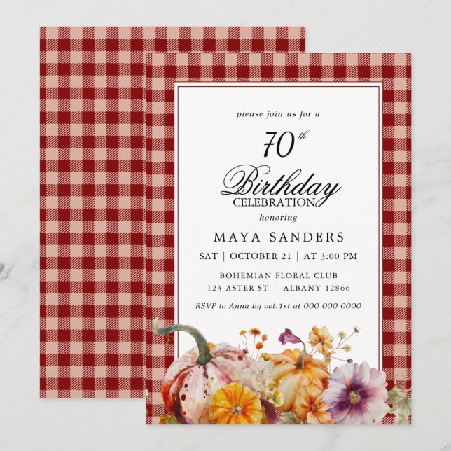 Invitation pour 70e anniversaire à carreaux rouges (Devant / Derrière)